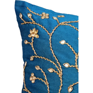Blue Floral Throw Pillows 20"x20" Zardozi Sofa Pillow Covers, Art Silk