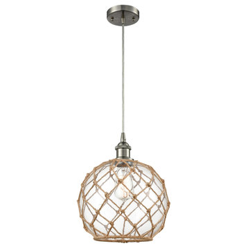 Farmhouse 1-Light Mini Pendant,  Brushed Satin, Clear Glass With Brown Rope