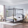 Asa Queen Size Iron Canopy Bed With Upholstered Studded Headboard, Gray, Flat Bl