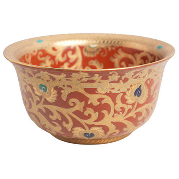 Red and Gold Tapestry Porcelain Lipped Bowl, 10"
