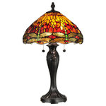 Dale Tiffany - Dale Tiffany TT12269 Reves Dragonfly - Two Light Table Lamp - Your room will be awash with brilliant color when you chose our Reves table lamp. A background of vivid red, orange and yellow art glass is accented with art glass jewels in complementary colors for extra sparkle and texture. A row of iridescent green and yellow dragonflies, complete with red art glass jewel �eyes," run along the bottom edge of the shade. The metal base is finely cast with a fleur de lis pattern and is finished in a rustic fieldstone. Vibrantly stunning displayed on its own, try pairing the table lamp with either of its corresponding ceiling fixtures for a spectacular effect.  Shade Included.  Cube: 3.30Reves Dragonfly Two Light Table Lamp Fieldstone Hand Rolled Art Glass *UL Approved: YES *Energy Star Qualified: n/a  *ADA Certified: n/a  *Number of Lights: Lamp: 2-*Wattage:60w E27 bulb(s) *Bulb Included:No *Bulb Type:E27 *Finish Type:Fieldstone