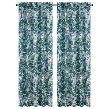 54"x96" Palm Set of 2 Faux Linen Sheer Curtain Panels, Blue-Green