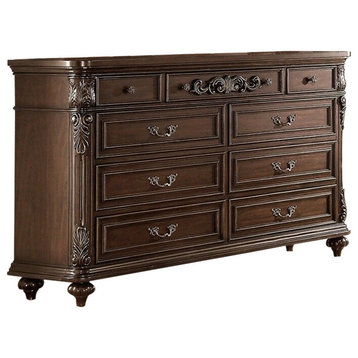 Benzara BM232910 9 Drawers Wooden Dresser With Molded Details, Brown