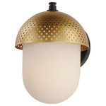 Maxim Lighting International - Perf 1-Light Outdoor Wall Sconce, Black / Gold - Behind a Golden perforated metal dome, an elongated White glass globe casts soft lighting with an intriguing lighting effect through the filigree. Finished in outdoor rated powder coat of Black and Gold make this a spirited two-tone addition to an already popular mid-century inspired collection of interior pendants and flush mounts.