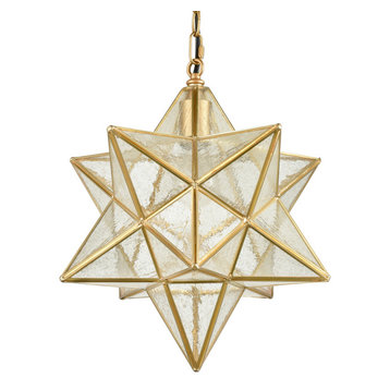 Brass Golden Moravian Star Pendant Light Star Glass Lights, 16", Seeded Glass