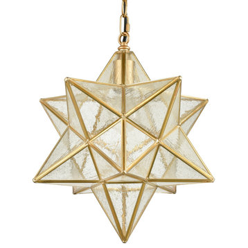Brass Golden Moravian Star Pendant Light Star Glass Lights, 16", Seeded Glass