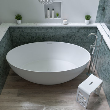 67" White Oval Solid Surface Smooth Resin Soaking Bathtub
