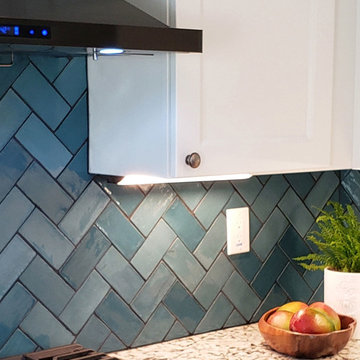 Bold Blue Herringbone Pattern Backsplash