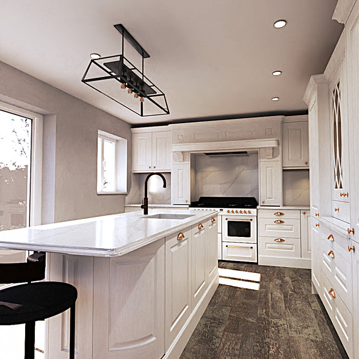 Example of a large classic porcelain tile and gray floor open concept kitchen design in Other with a drop-in sink, raised-panel cabinets, medium tone wood cabinets, quartzite countertops, white backsp