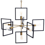 Harp and Finial - Como Chandelier Painted Gold and Black Finished Metal - A work of art in its own right, the Mila Chandelier has a completely unique design that features a gold and black metal frame and seven bulbs. The gold bars of the frame point in various directions, and each one culminates in a square black frame that surrounds the bulb. Sure to capture attention in any space, this chandelier is a striking fixture for a dining room or foyer.