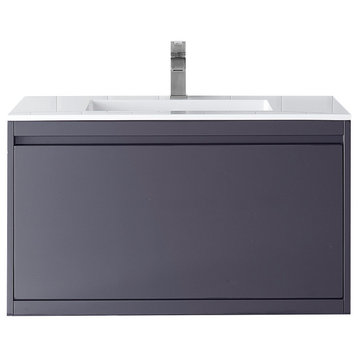Milan 35.4" Single Vanity Cabinet, Modern Grey Glossy W/glossy White  Top