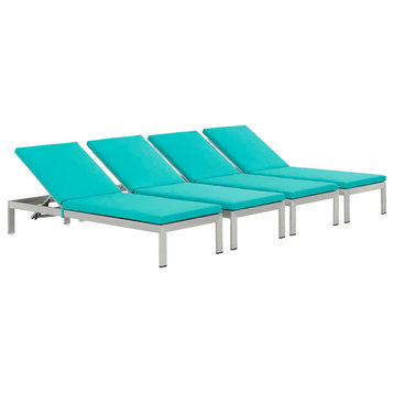 Silver Turquoise Shore Chaise with Cushions Outdoor Patio Aluminum Set of 4