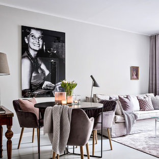 Mittelgroßes Nordisches Esszimmer mit grauer Wandfarbe, Linoleum und grauem Boden in Göteborg