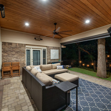 Backyard Pool and Outdoor Living with Elevated Deck & Illuminated Creek Bed