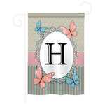 Breeze Decor - Butterflies H Monogram 2-Sided Impression Garden Flag - Size: 13 Inches By 18.5 Inches - With A 3" Pole Sleeve. All Weather Resistant Pro Guard Polyester Soft to the Touch Material. Designed to Hang Vertically. Double Sided - Reads Correctly on Both Sides. Original Artwork Licensed by Breeze Decor. Eco Friendly Procedures. Proudly Produced in the United States of America. Pole Not Included.
