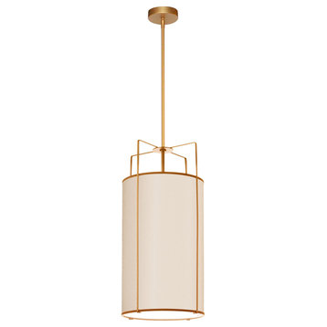 12" Contemporary Modern Pendant Light, Gold With Cream Drum Shade, Gold