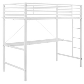Jake Metal Loft Bed Frame with Desk, Guard Rails and Ladder, White, Twin