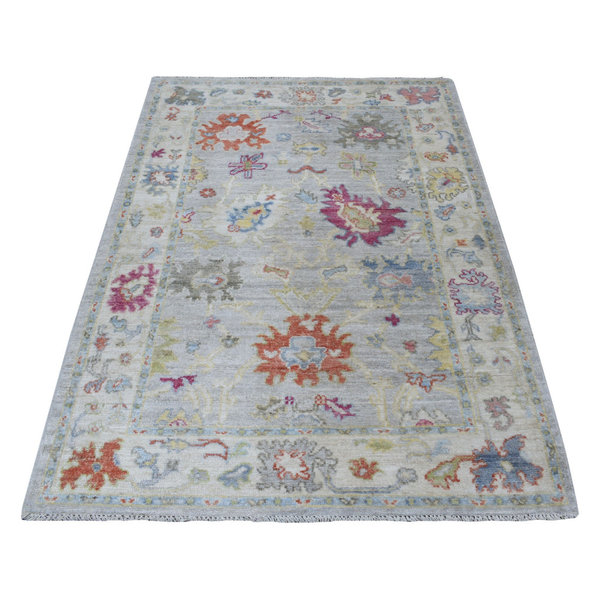 Gray Angora Oushak In A Colorful Palette Pure Wool Hand Knotted Rug, 4