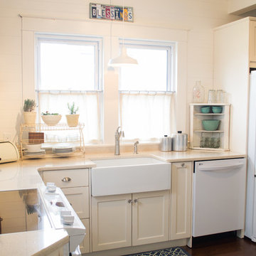 White Shabby Chic Kitchen with a Walnut Top