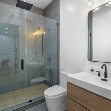 Guest Bath with Walnut Vanity and Sliding Glass Shower
