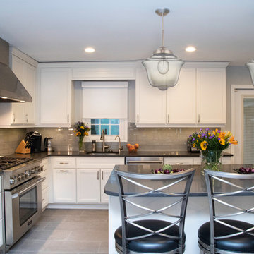 Transitional White & Gray Kitchen Remodel | Quartz Island & Mosaic Backsplash