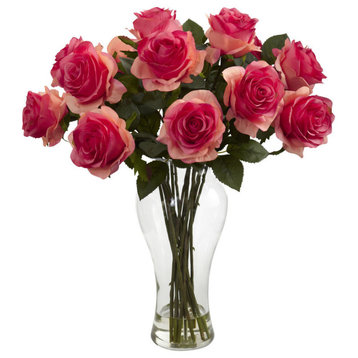 Blooming Roses With Vase, Dark Pink