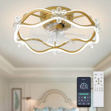 Modern Flush Mount Ceiling Fan with Remote, 6-Speed Bladeless Small Ceiling Fan, Gold