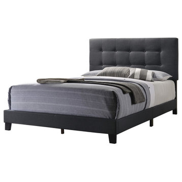 Benzara BM216089 Queen Size Bed with Square Button Tufted Headboard, Dark Gray
