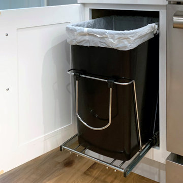 White Shaker Open Kitchen: Trash Pull-Out