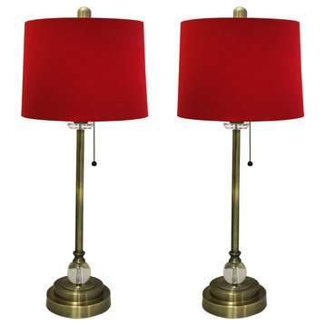28" Crystal Buffet Lamp With Red Drum Shade, Antique Brass, Set of 2