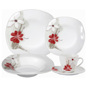 Porcelain 20 Piece Square Dinnerware Set Service for 4, Red Floral