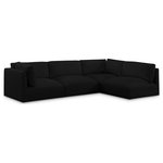 Meridian Furniture - Ease Fabric Upholstered L-Shaped Modular Sectional, Black, 4 Piece: 2 Corner, 2 Armless - Ease into comfort when you bring home this Ease fabric modular sofa. Designed with an uber casual vibe in mind, this plump sofa sits low to the floor, making it a simplistically perfect addition to a living room, den, game room, teen's room, or dorm room. This fun sofa is part of a modular collection, so you can add it with other items in the Ease collection for a custom arrangement.
