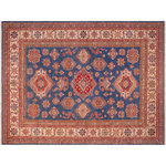 Bareens Designer Rugs - Southwestern Super Kazak Lindsy Blue/Beige Wool Rug 8'3'' x 10'0'' - Embellish your home with this exquisitely hand-knotted Kazak Rug made with the finest hand spun wool and all vegetable dyes. Demonstrating incredible attention to detail, this hand-knotted masterpiece features an intricate Kazak pattern in a classic color palette. Made in the Caucasian designs from Russia and the northern Persian empire, each Kazak incorporates distinctive tribal flavor with elements such as the stepped hooted polygons, geometrical medallions, animals and rosettes. The straight, clean lines and bold tones embody the weaving style of the Armenian and Afghani weavers known for these iconic designs. This magnificent rug featuring soft luscious pile and is made with handspun wool and natural dyes to produces soft luminous shades causing a beautiful sheen. With geometric designs and bold vibrant saturated colors predominately blues, reds, greens, and gold make a bold statement in any decor. The construction technique used ensures that the designs and colors Ae capable to withstand heavy traffic area.