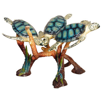 Three Sea Turtles Table Bottom Bronze Sculpture, Special Patina Finish