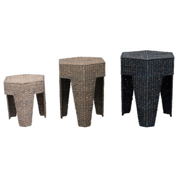 Hand-Woven Water Hyacinth and Rattan Stool and Nesting Tables, 3-Piece Set