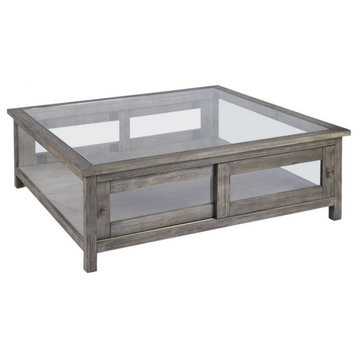 2-Door Storage Handcrafted Wood and Glass Coffee Table in Grey Washed Wood Wood