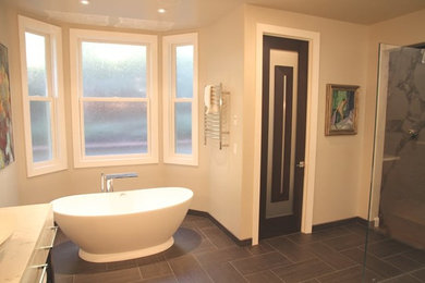 Example of a large transitional master vinyl floor bathroom design in San Francisco with beige walls and quartzite countertops