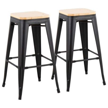 Oregon Contemporary Barstool, Black Steel/Natural Wood, Set of 2