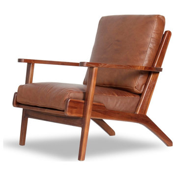 Pemberly Row Mid-Century Pillow Back Genuine Leather Lounge Chair in Brown