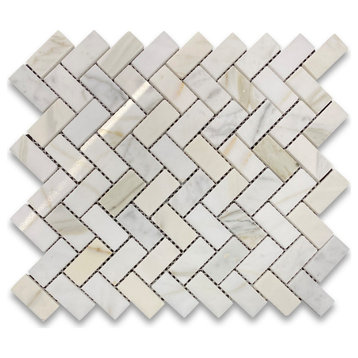 Calacatta Gold Calcutta Marble 1x2 Herringbone Mosaic Tile Polished, 1 sheet