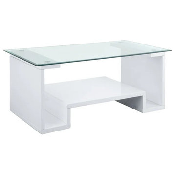 Modern Coffee Table, Geometric Base With Glass Top and Open Compartment, White