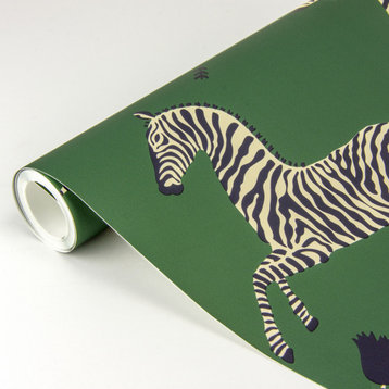 Serengeti Green Zebra Safari Scalamandre Self Adhesive Wallpaper, Green, Bolt