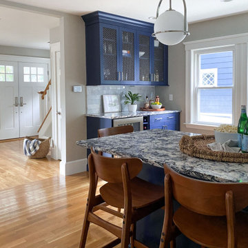 Open Concept with Blue and White Kitchen