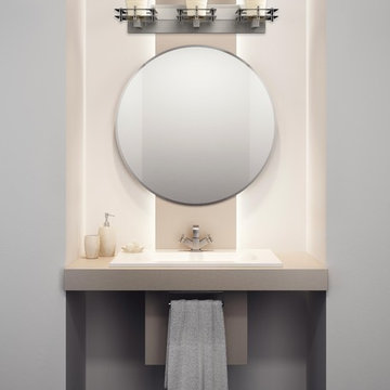 Limoges Metropolis Bath Bar, Round Flared, Brushed Nickel With Waves Shade above