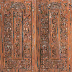 Mayan Motifs Carved Prehung Double Door in Solid Mahogany - Front Doors