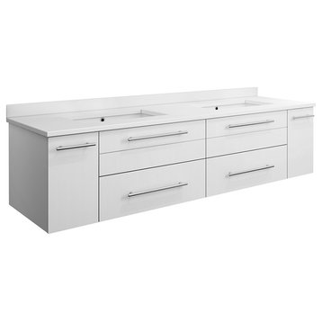 Lucera Wall Hung Cabinet With Top & Double Undermount Sinks, White, 60"