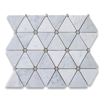 Triangle Mosaic Tile White Carrara Venato Marble Gray Dots Honed, 1 sheet