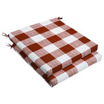 Mozaic Company - Stewart Red Buffalo Plaid Chair Cushion, Set of 2, 20x20 - This wide checkered, white and red buffalo plaid pattern will add the perfect traditional accent to your d��_cor. Classic buffalo plaid print adds an energizing linear look to this outdoor chair cushion set. Beautifully constructed with a pure recycled fiber fill, the outdoor fabric covers provide essential protection against sun damage and mildew, offering a long life of outdoor use. Attached ties secure the cushion and avoid slippage, while the sewn enclosures offer a secure finish. The dynamic plaid look is a great match for outdoor decor, but also a nice look for casual interior spaces in need of a boost.