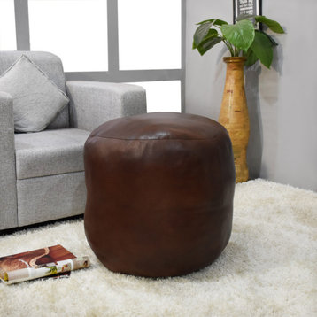 Solid Handmade Leather Pouf (Recycled Cotton Fill), Brown, [Round)18x18x18