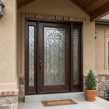 Elegant Mahogany Front Door with Decorative Glass Sidelights for Luxury Traditio